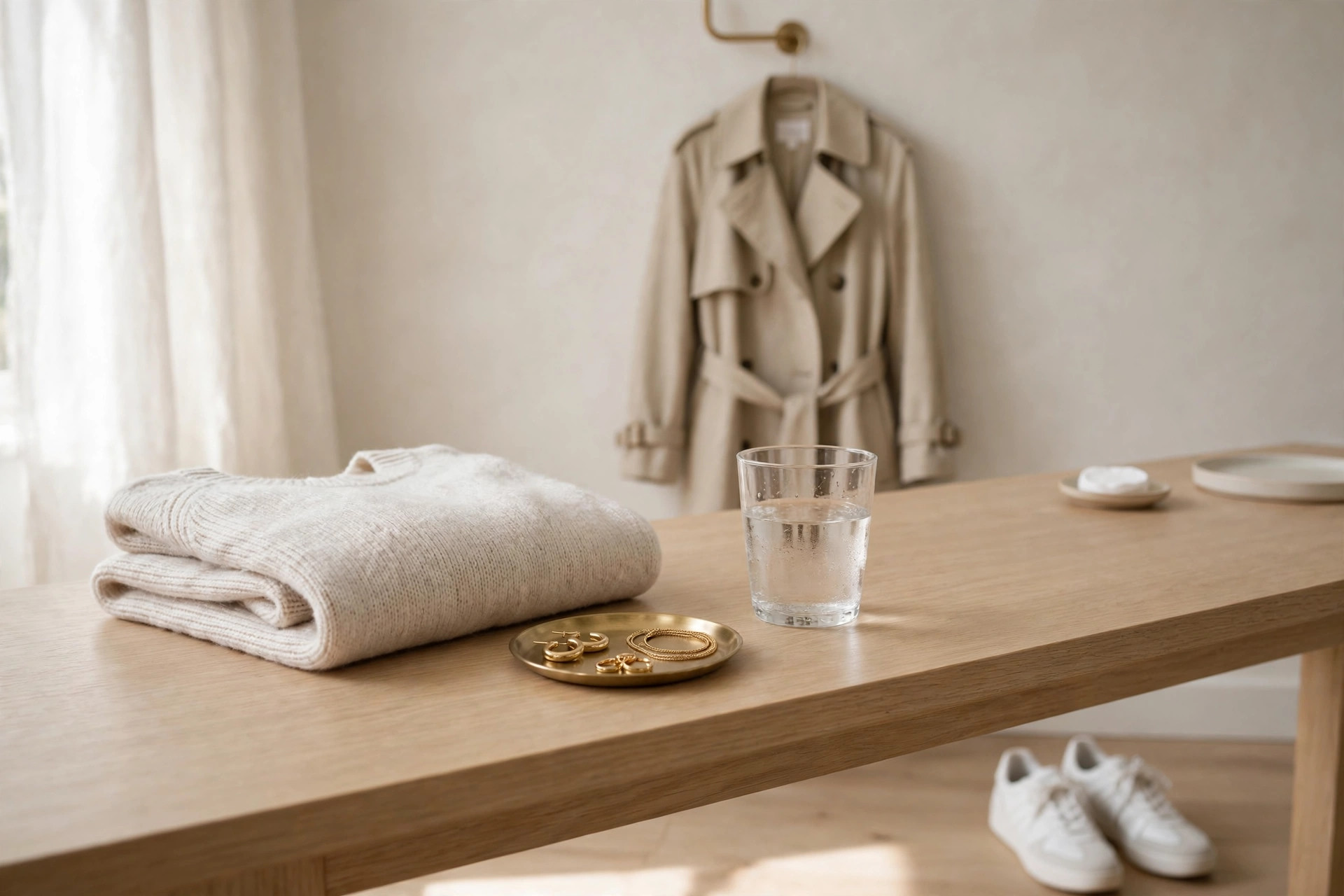 Clean girl style details on a neat vanity table: folded neutral knitwear, simple gold jewellery, white trainers and a beige trench coat on a hook in bright airy light