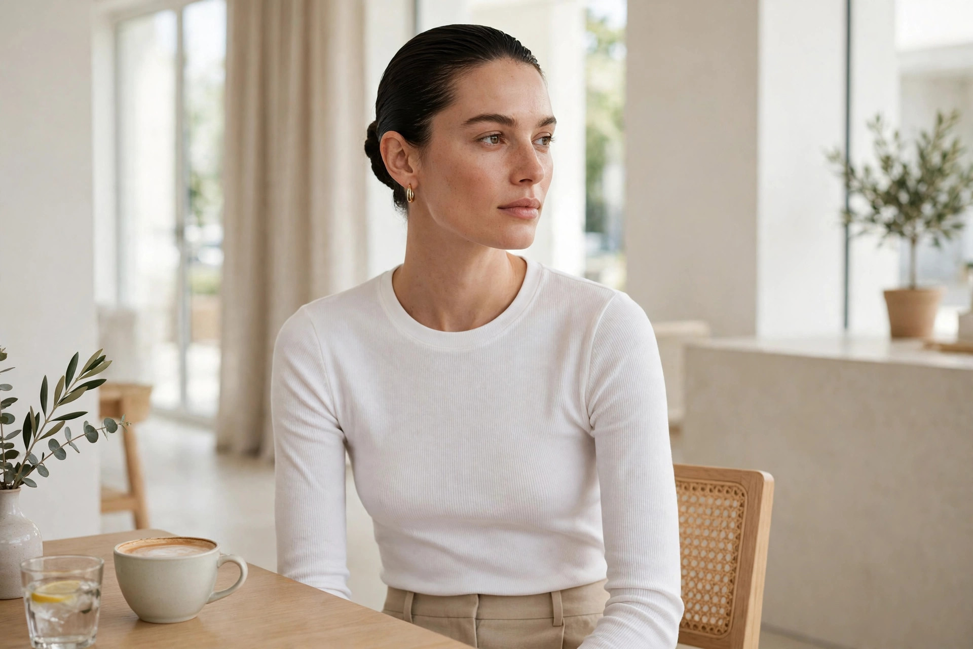 Woman in a clean girl outfit of a fitted white top and beige straight-leg trousers with slicked-back hair and small gold hoop earrings in a bright minimalist cafe