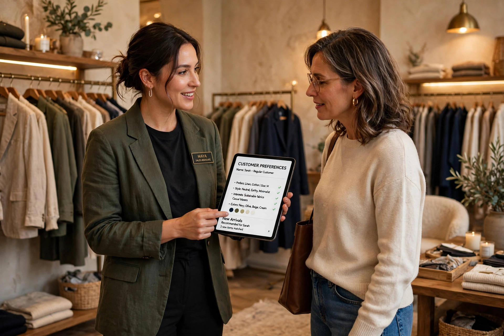 Sales associate in a clothing boutique showing new arrivals to a regular customer while holding a tablet