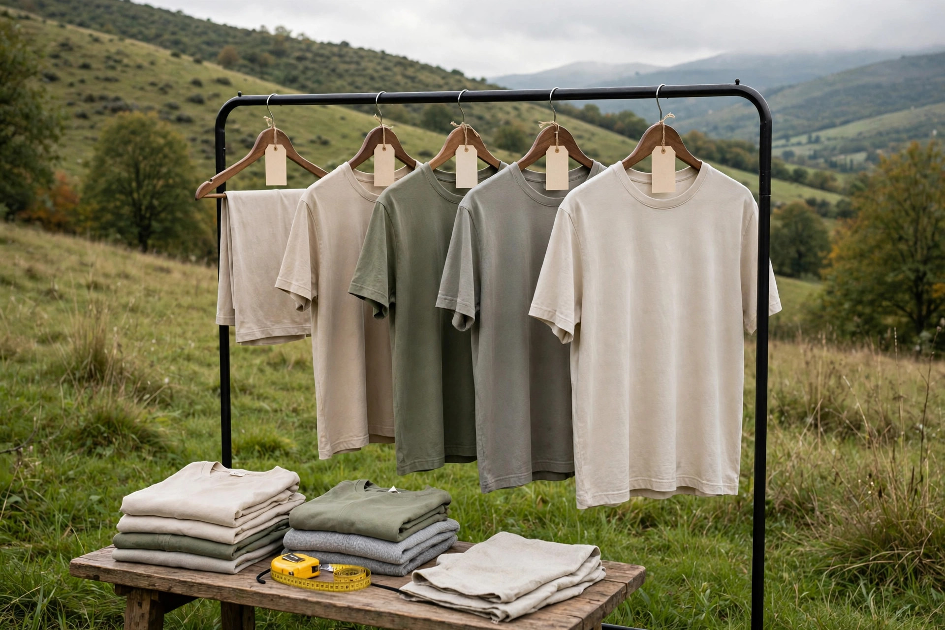 Clothing rack of plain garments in graduated sizes with blank size tags and a tape measure on a table