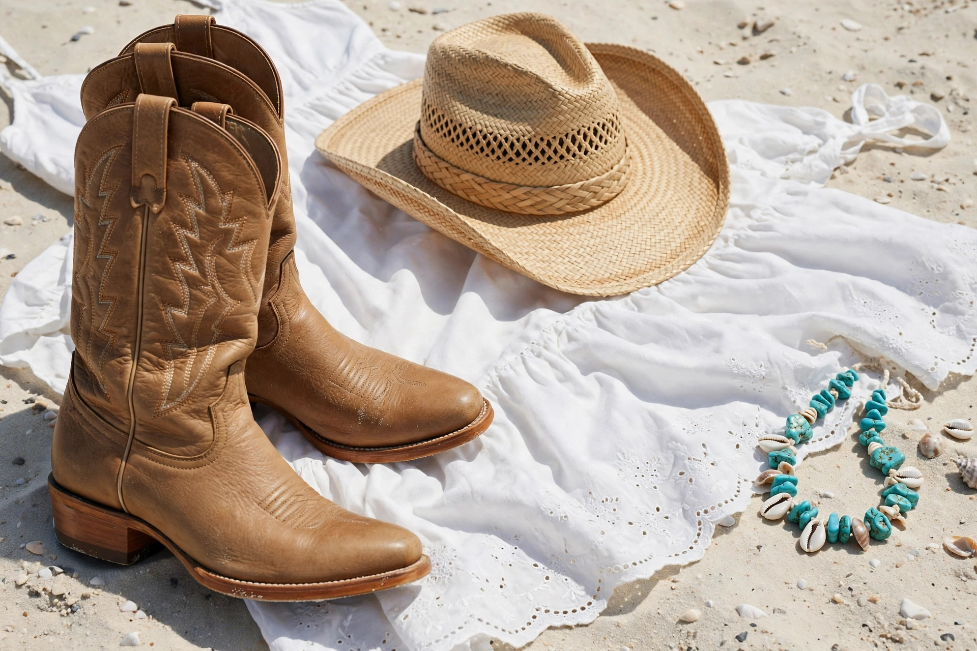Tan leather cowboy boots and a straw cowboy hat resting on a white cotton sundress spread on pale sand with a turquoise shell necklace