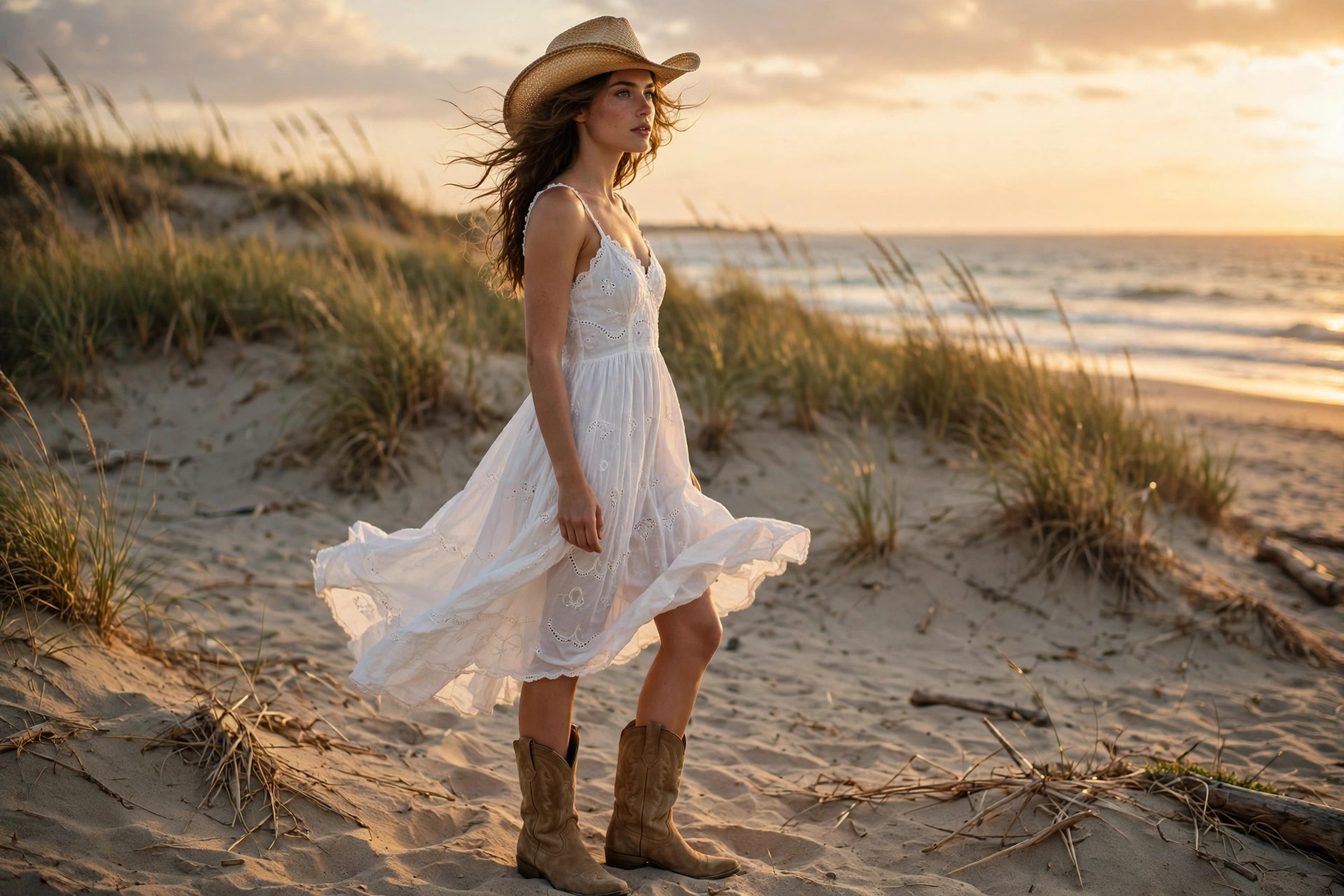 Woman in a white sundress, tan cowboy boots and a straw cowboy hat standing on a sandy beach at golden hour