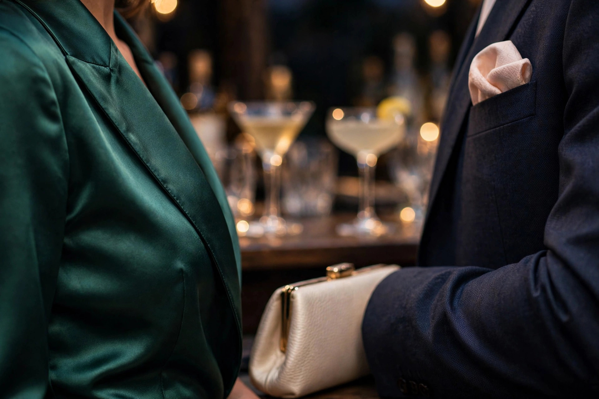 Detail of a satin cocktail dress shoulder and a man's suit sleeve with a pocket square, beside a clutch bag at an evening party