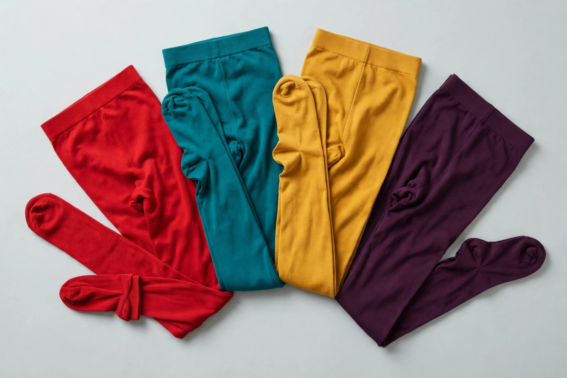 Brightly colored opaque tights in red, teal, mustard and plum fanned out on a pale background