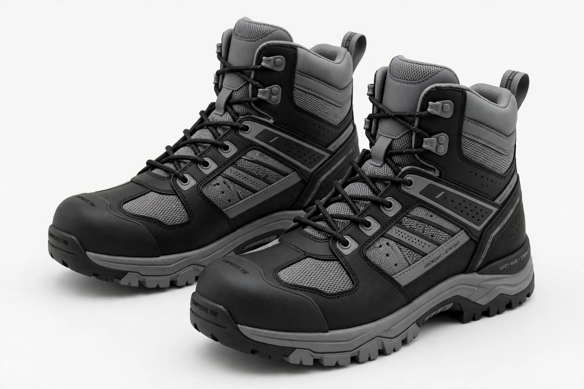 Pair of modern black and gray composite toe safety boots with athletic styling on a studio background
