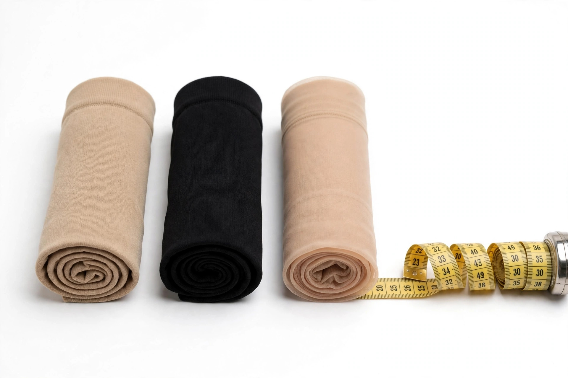 Pairs of compression stockings in beige, black and sheer tones rolled and arranged on a white background beside a measuring tape for calf sizing