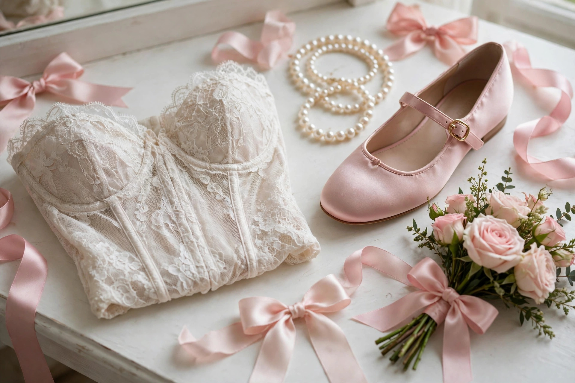 Coquette style pieces on a white dressing table: a lace corset top, satin ribbon bows, a pearl necklace, pink Mary Jane shoes and roses
