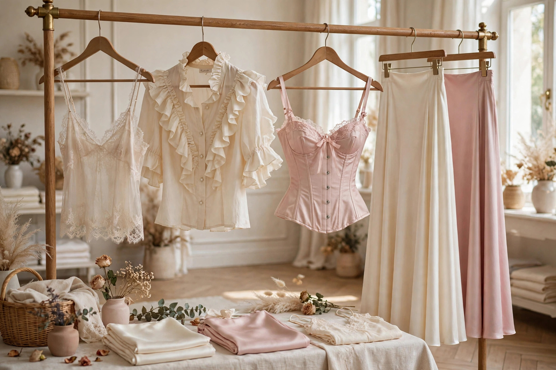 Boutique clothing rail of coquette style garments in cream and blush: lace-trimmed camisoles, ruffled blouses, a pale pink corset top and satin skirts
