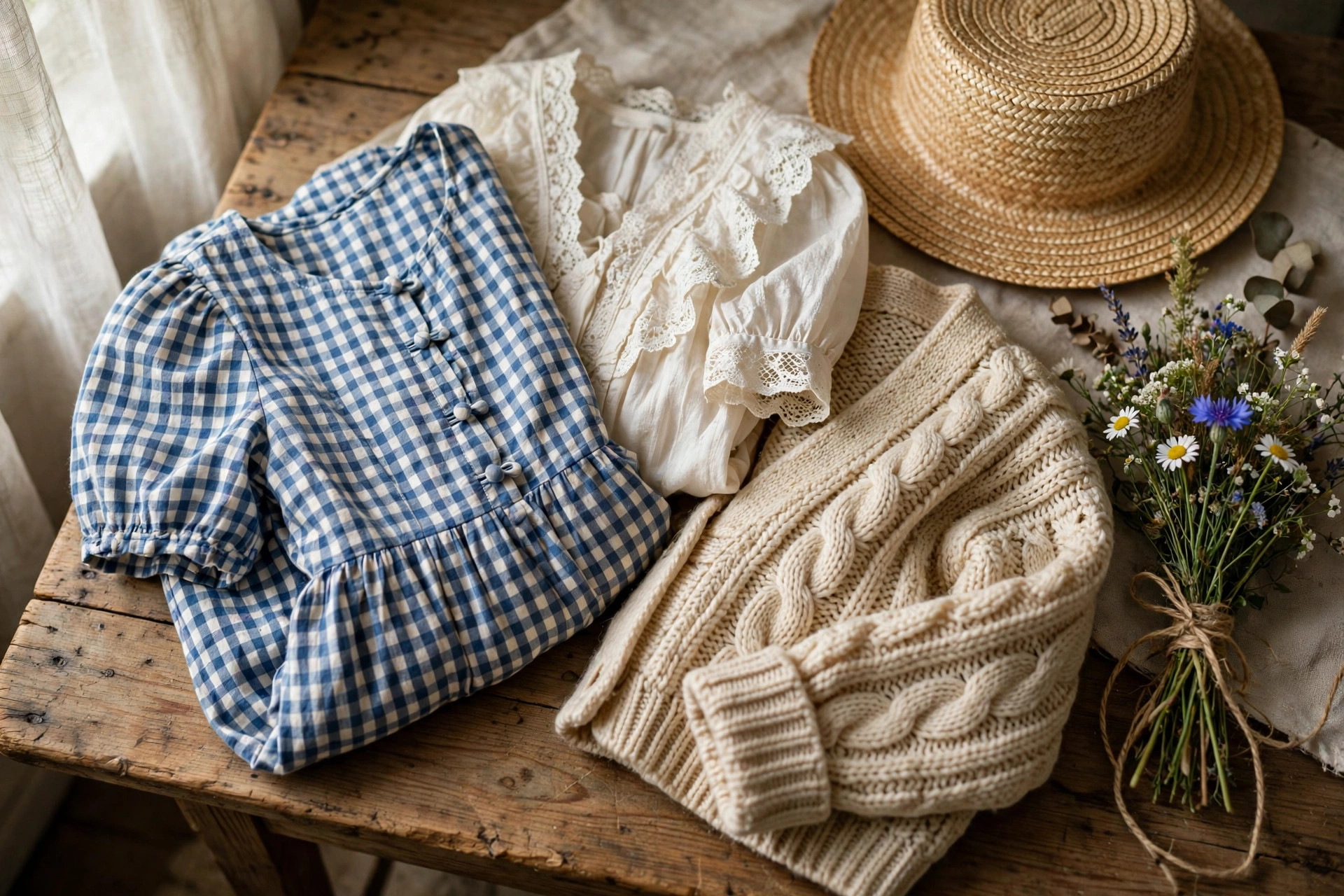 Cottagecore clothing laid out on a wooden cottage table: a gingham dress, lace-trimmed blouse, knitted cardigan, straw hat and wildflowers