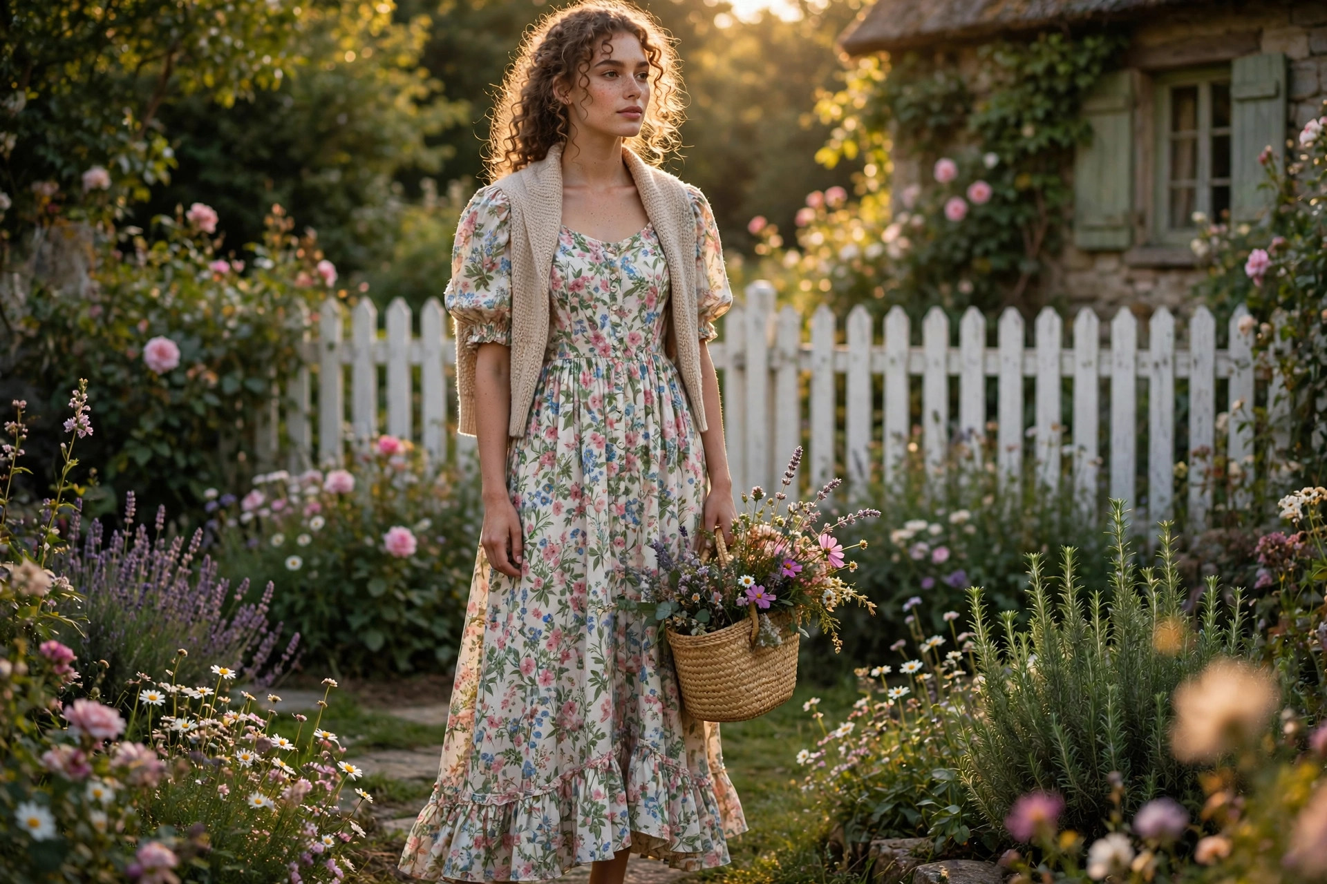 Woman wearing a long floral prairie dress with puff sleeves and a soft cardigan, holding a straw basket in a sunlit cottage garden