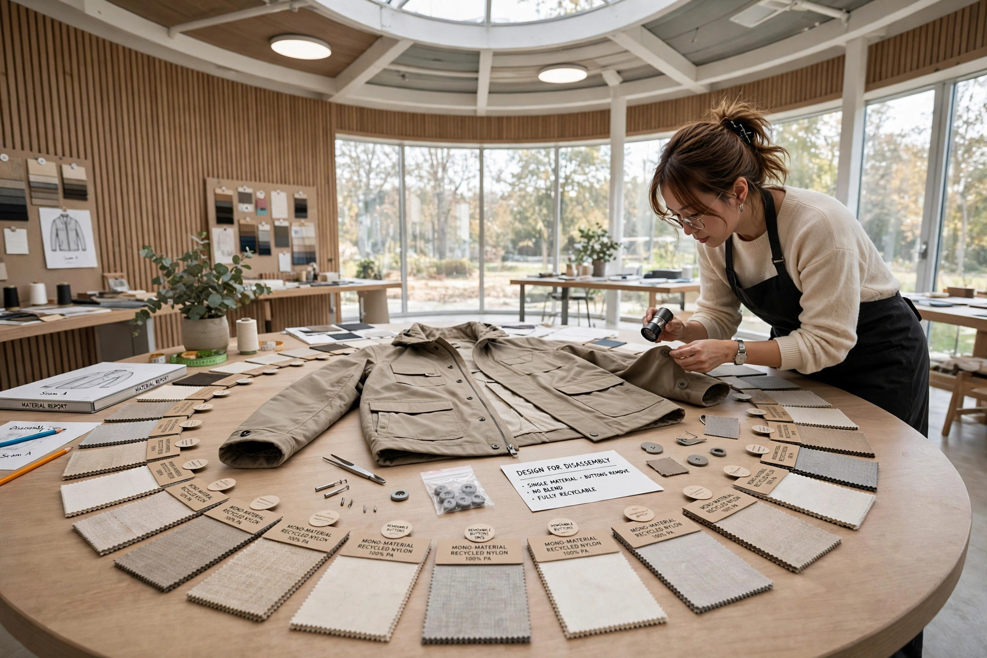Designer examining a jacket designed for disassembly with mono-material fabric swatches arranged in a loop