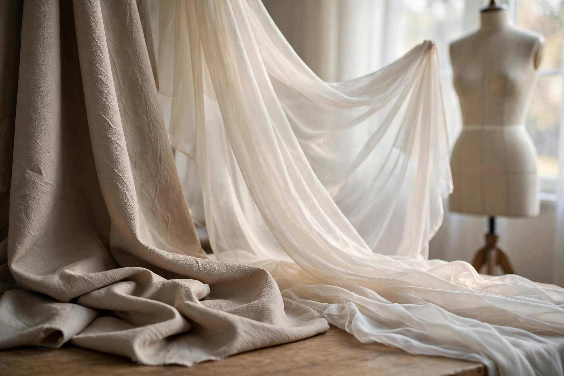 Textured matte crepe fabric draped beside sheer chiffon fabric in soft window light with a dress form behind
