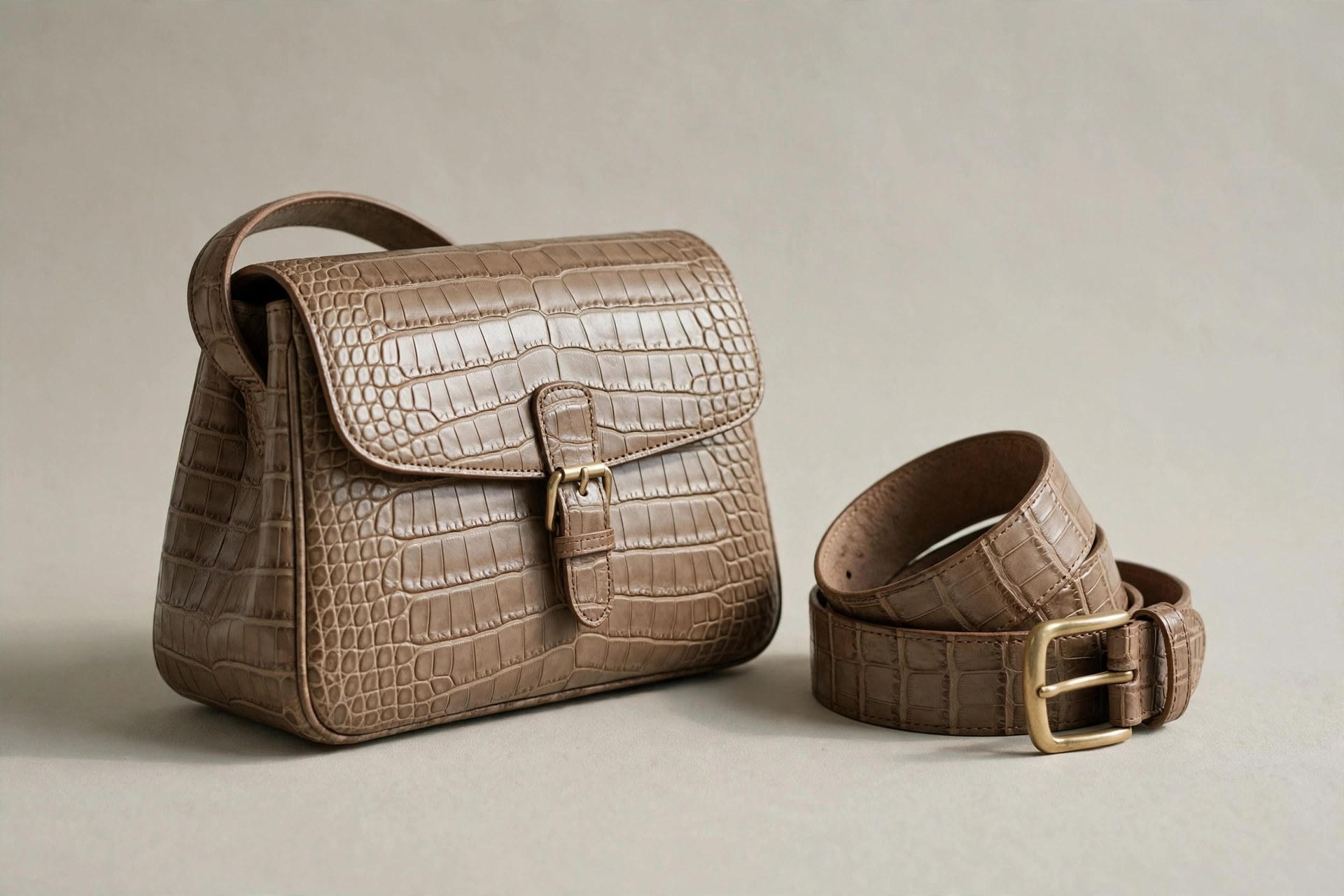 Croc-embossed leather handbag and belt arranged together, showing the large, polished rectangular scale texture