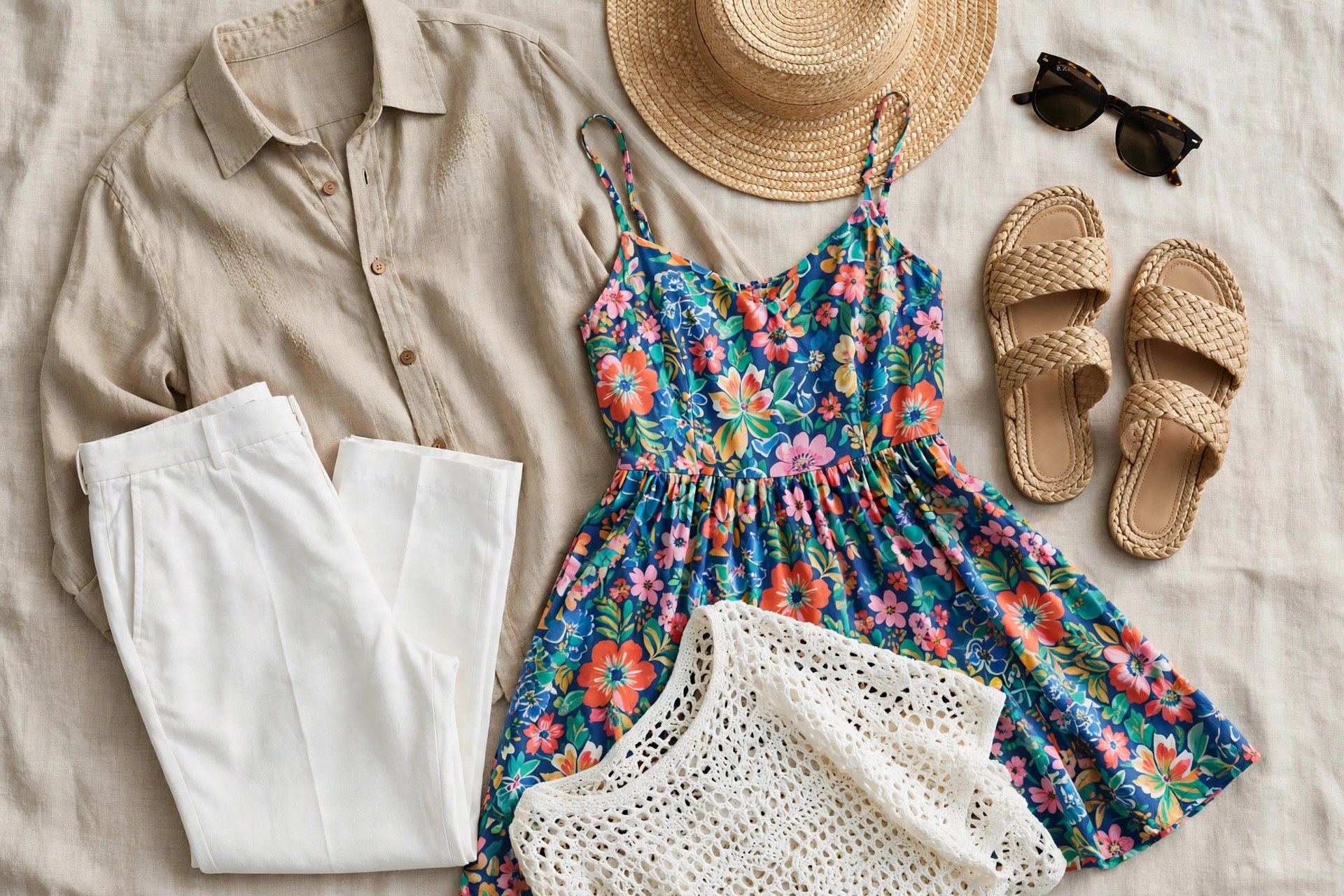 Flat lay of cruise outfit pieces: linen shirt, white trousers, a colorful sundress, sandals, sunglasses, a straw hat and a swim cover-up