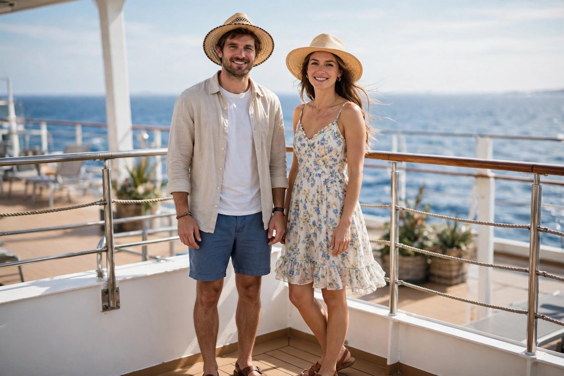 A man and woman in breezy linen cruise outfits and sun hats standing on a cruise ship deck with the sea behind them