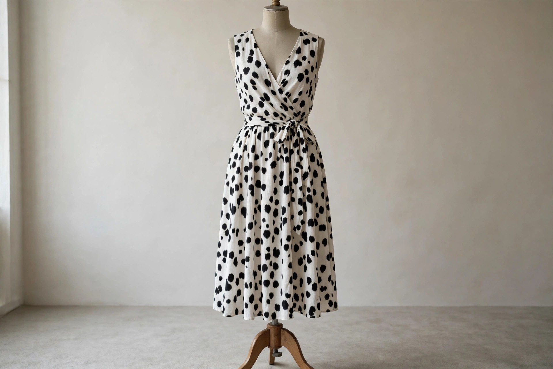 Dalmatian-spot print dress on a dress form, its irregular black spots scattered across a white ground