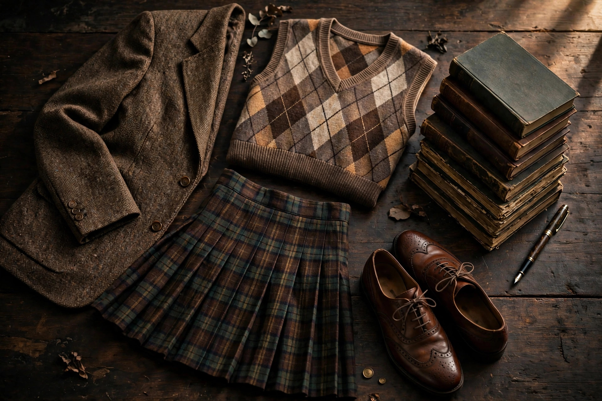 Flat lay of dark academia wardrobe pieces on a dark wooden desk: a tweed blazer, argyle sweater vest, plaid skirt, oxford shoes and hardback books