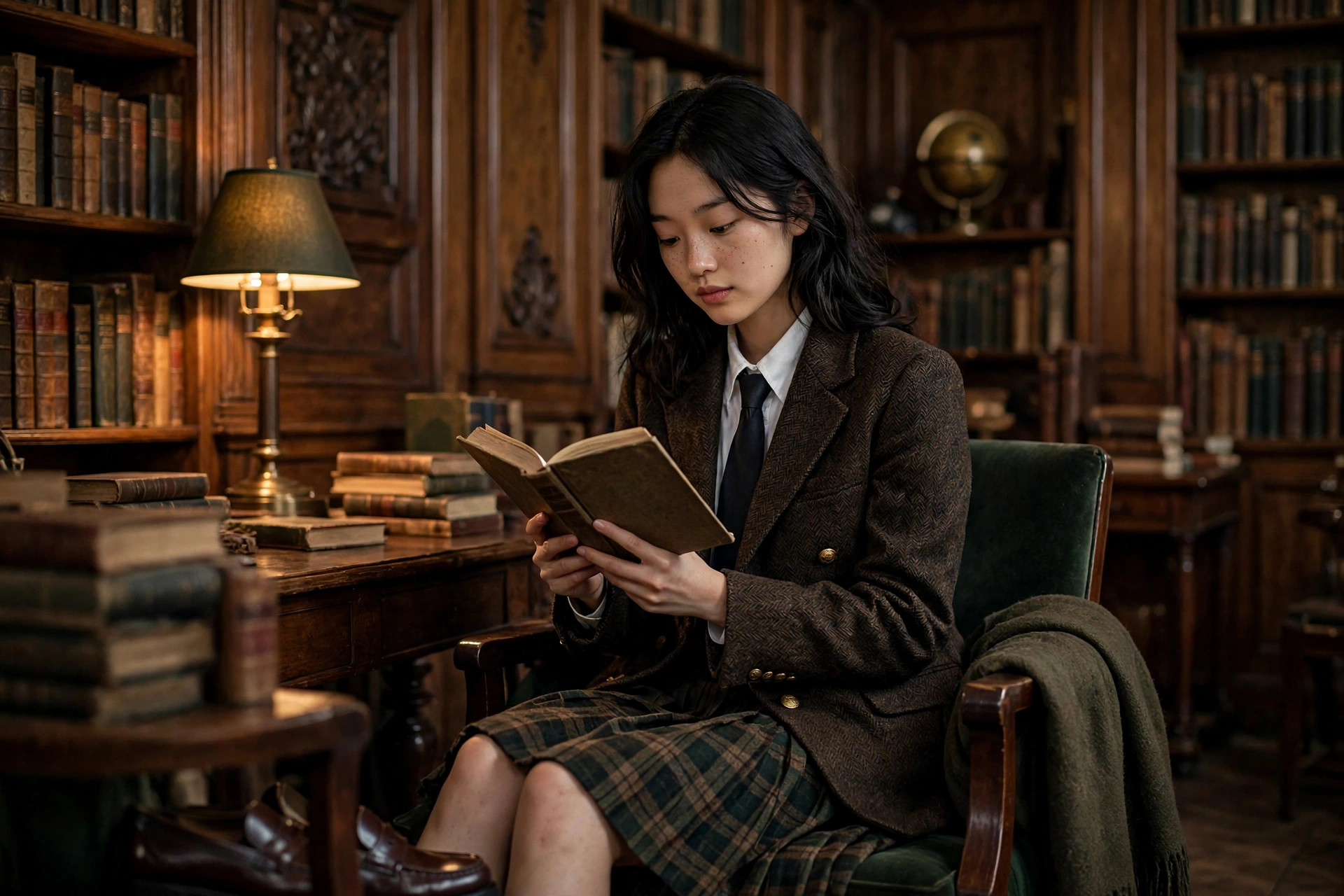 Woman wearing a tweed blazer, plaid pleated skirt, white shirt and loafers, reading in an old wood-panelled library