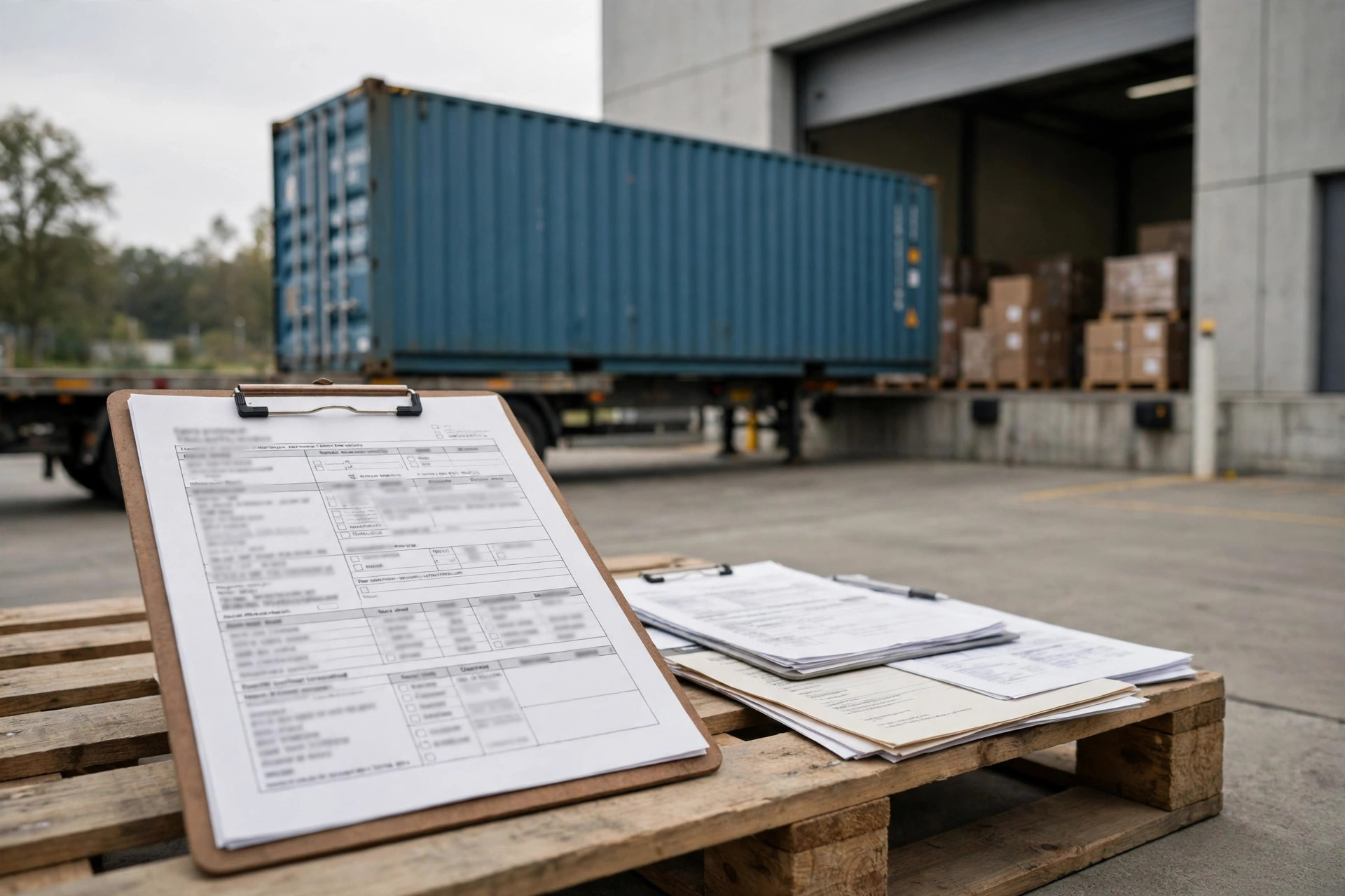 Container being delivered to a warehouse with import paperwork and a landed cost breakdown