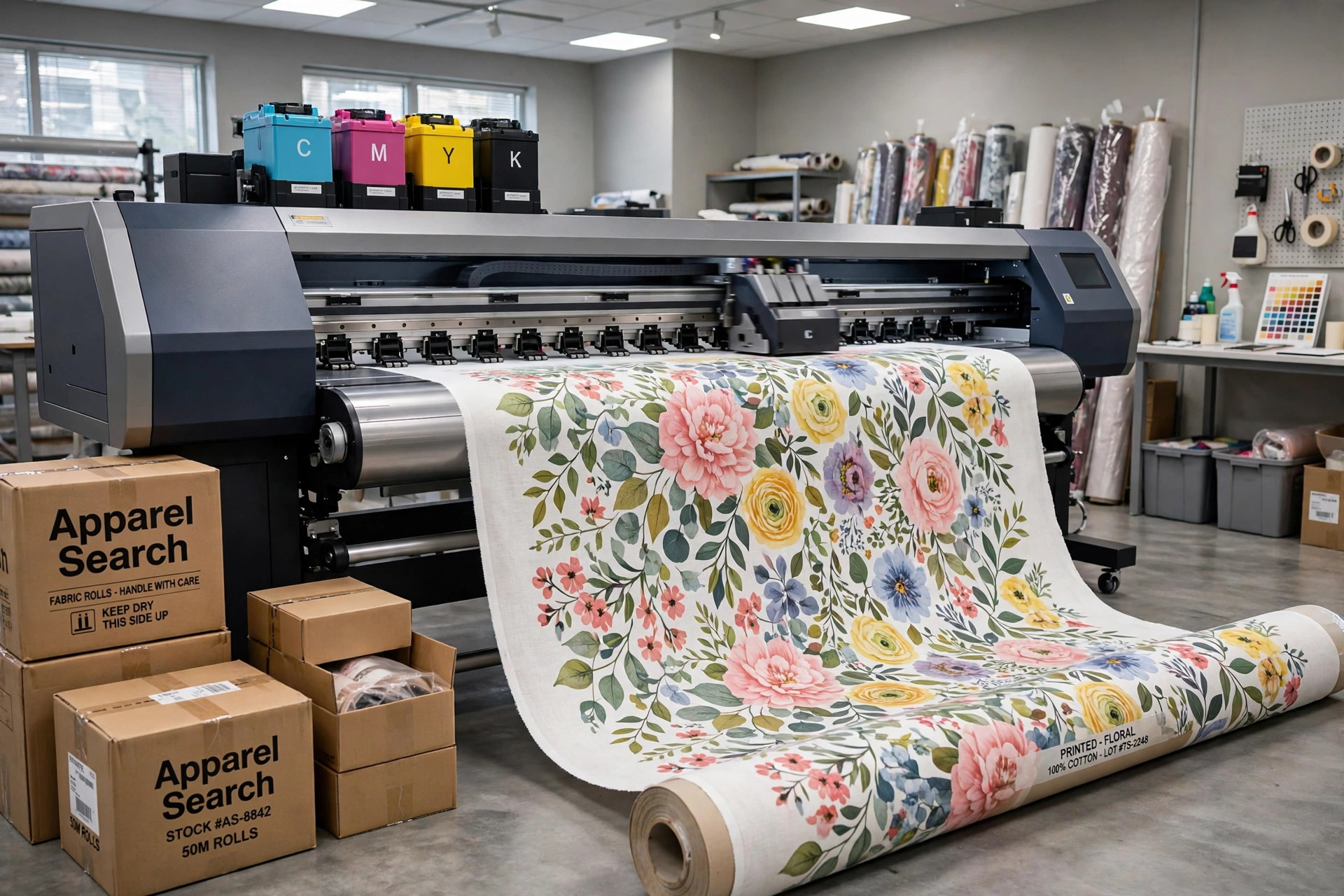 Wide-format digital textile printer printing a colorful floral fabric roll in a print studio