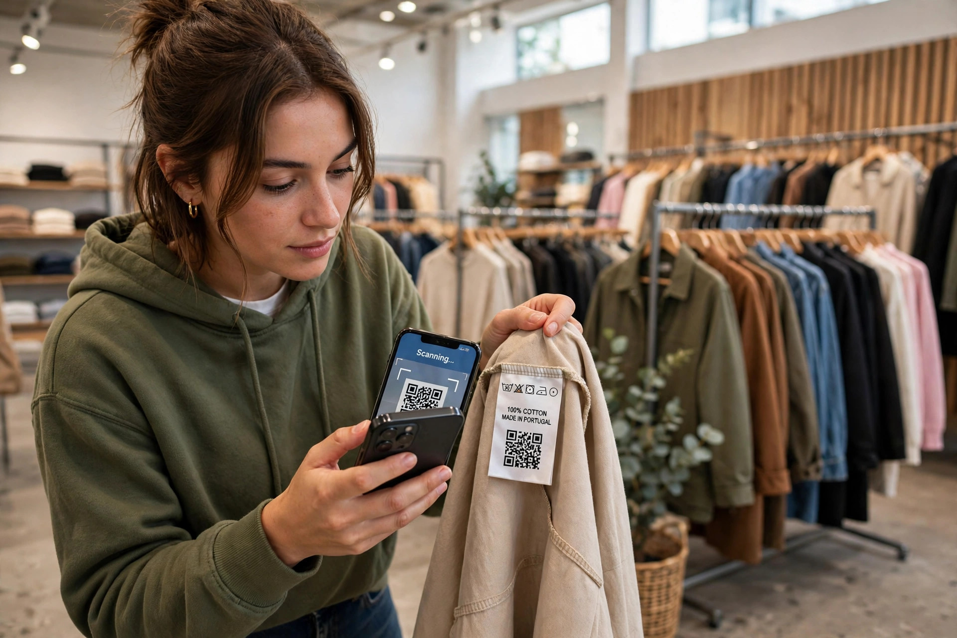 Shopper scanning a QR code on a clothing label with a smartphone in a clothing store