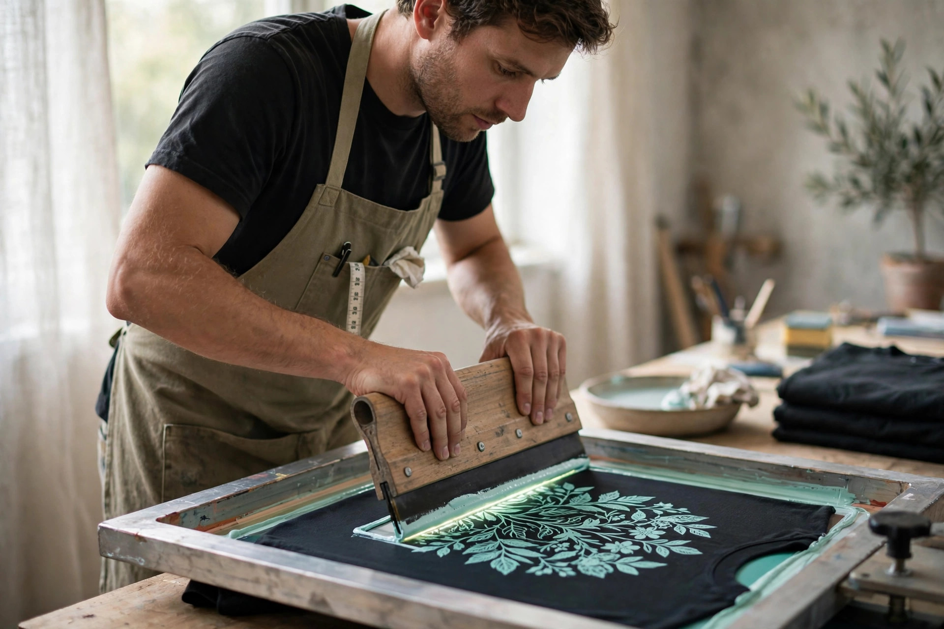 Screen printer pulling a squeegee over a dark t-shirt with a bright discharge print appearing