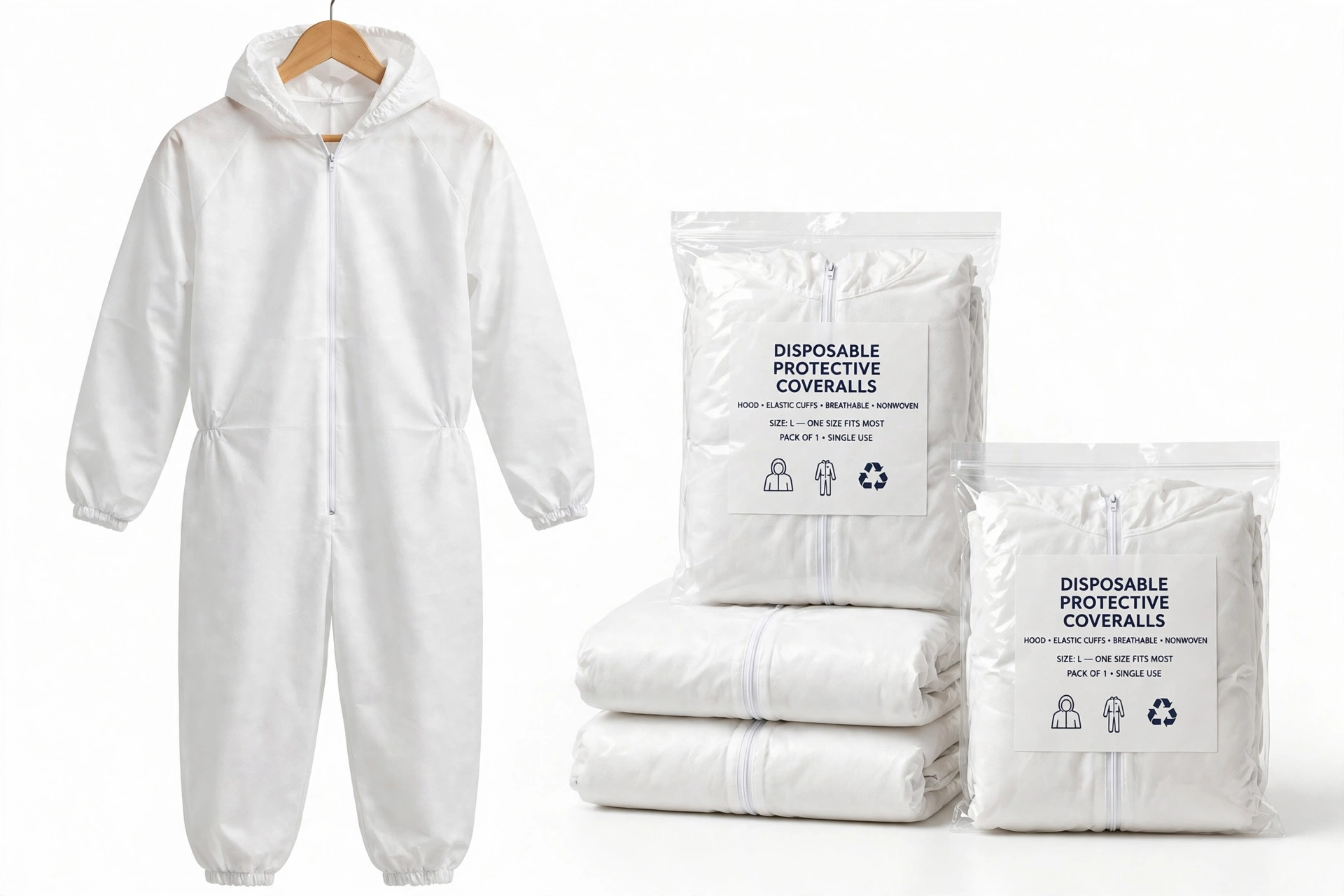 White disposable hooded coverall on a hanger with folded packaged coveralls beside it