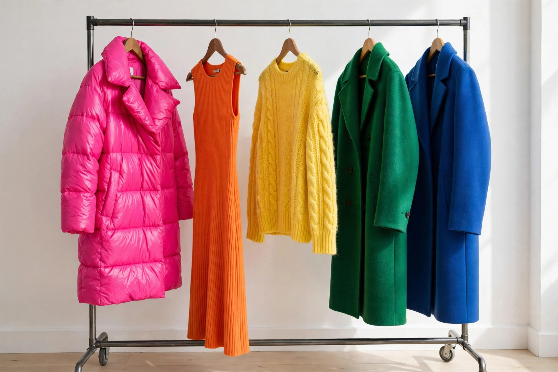 Clothing rail of dopamine dressing pieces arranged in rainbow order: hot pink, tangerine, sunshine yellow, emerald and cobalt coats, dresses and knits against a white wall