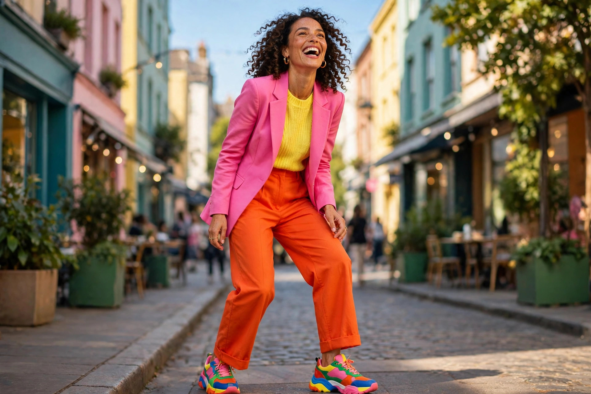Joyful woman wearing dopamine dressing: a bright pink blazer, orange trousers and a yellow knit top with colourful shoes on a sunny city street