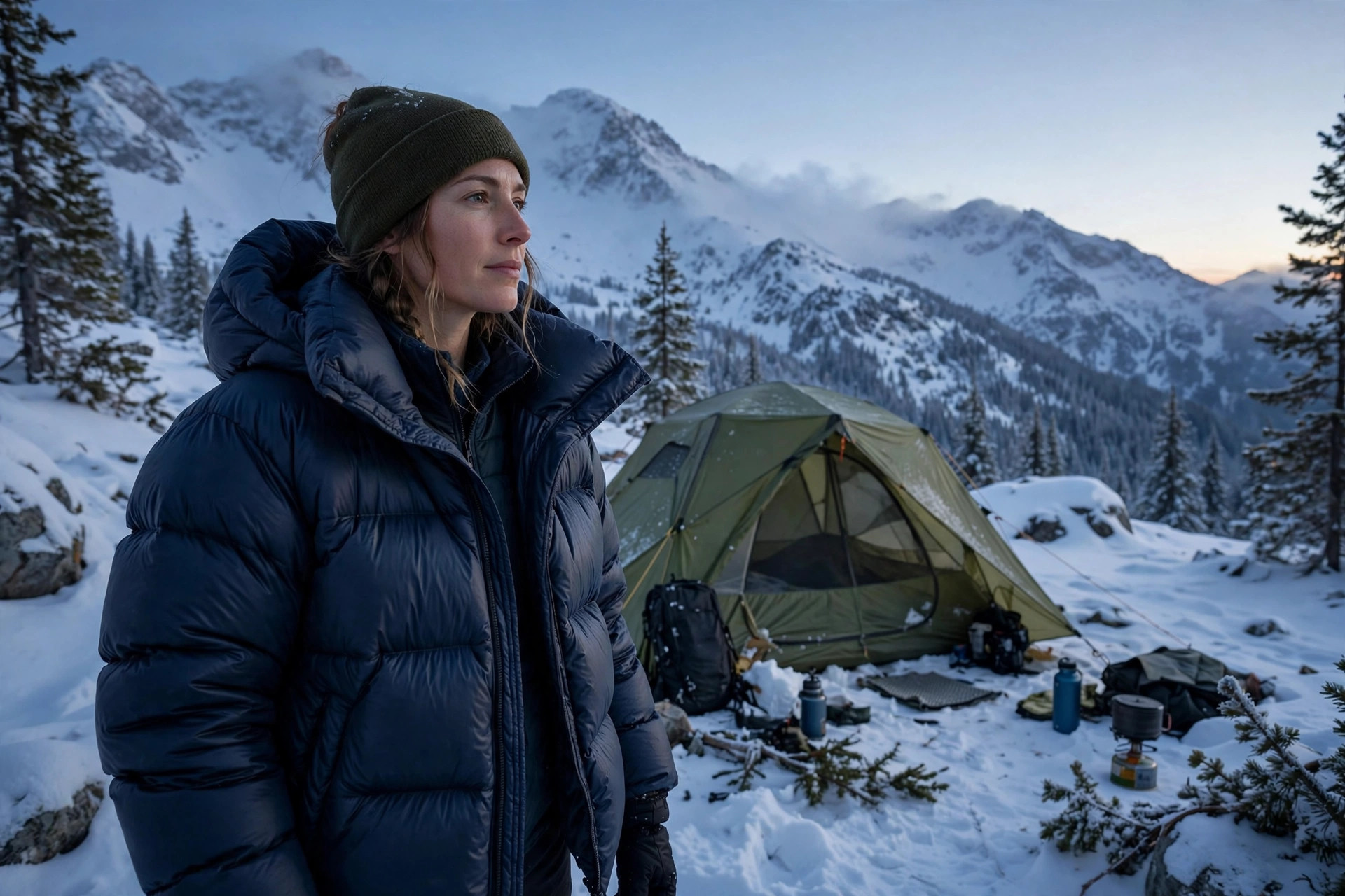 Adult camper at a snowy mountain campsite wearing a lofty puffy down jacket with visible baffles, tent behind