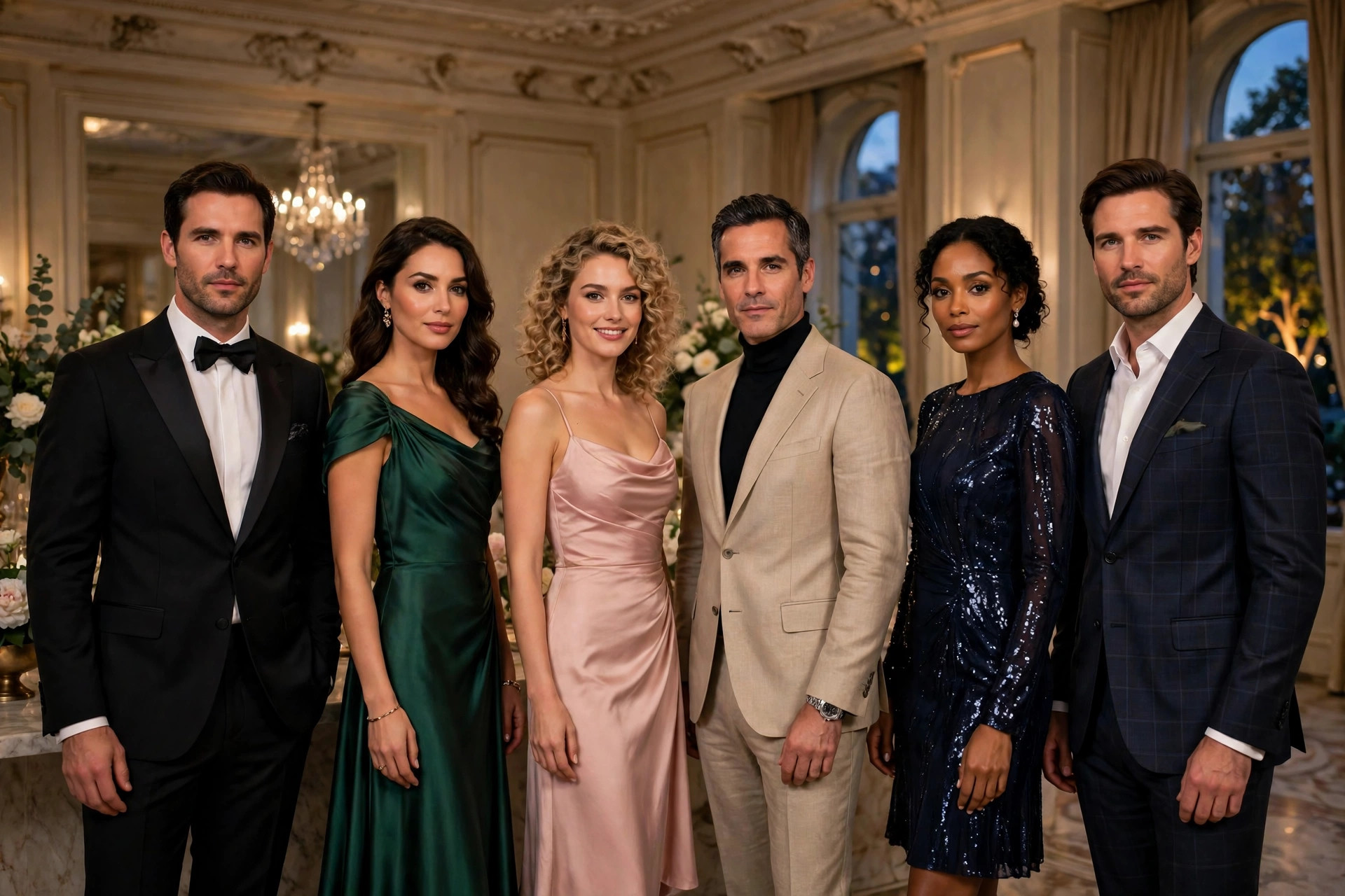 Guests in a range of formal evening outfits, from a tuxedo and gown to cocktail dresses and tailored suits, at a ballroom reception