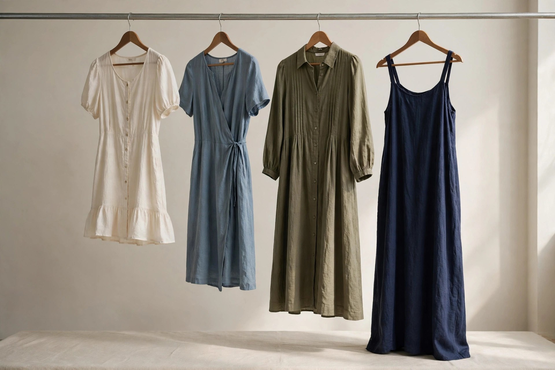 Rail of four dresses of increasing length, from short to maxi