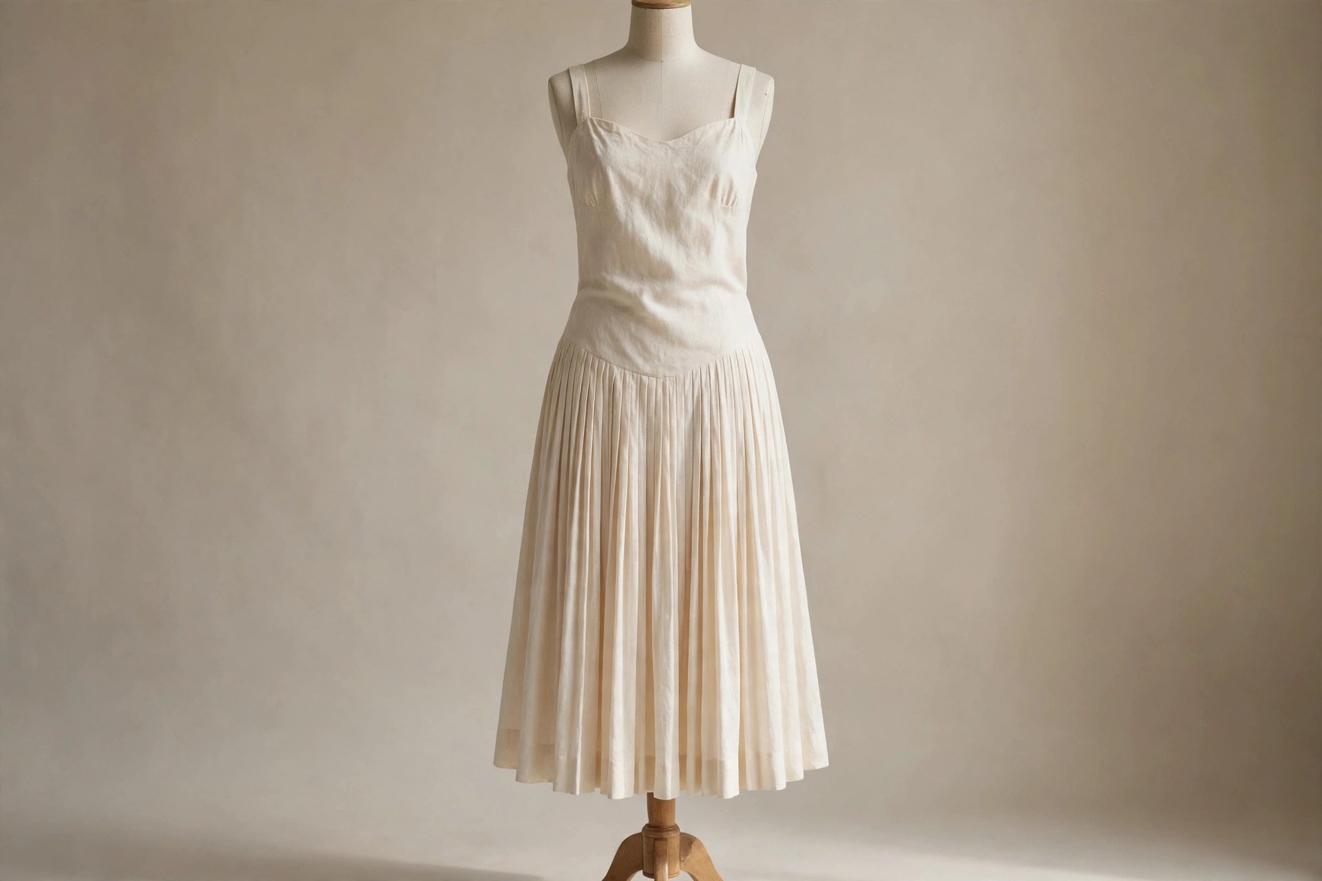 Cream drop-waist dress with a pleated skirt on a dress form