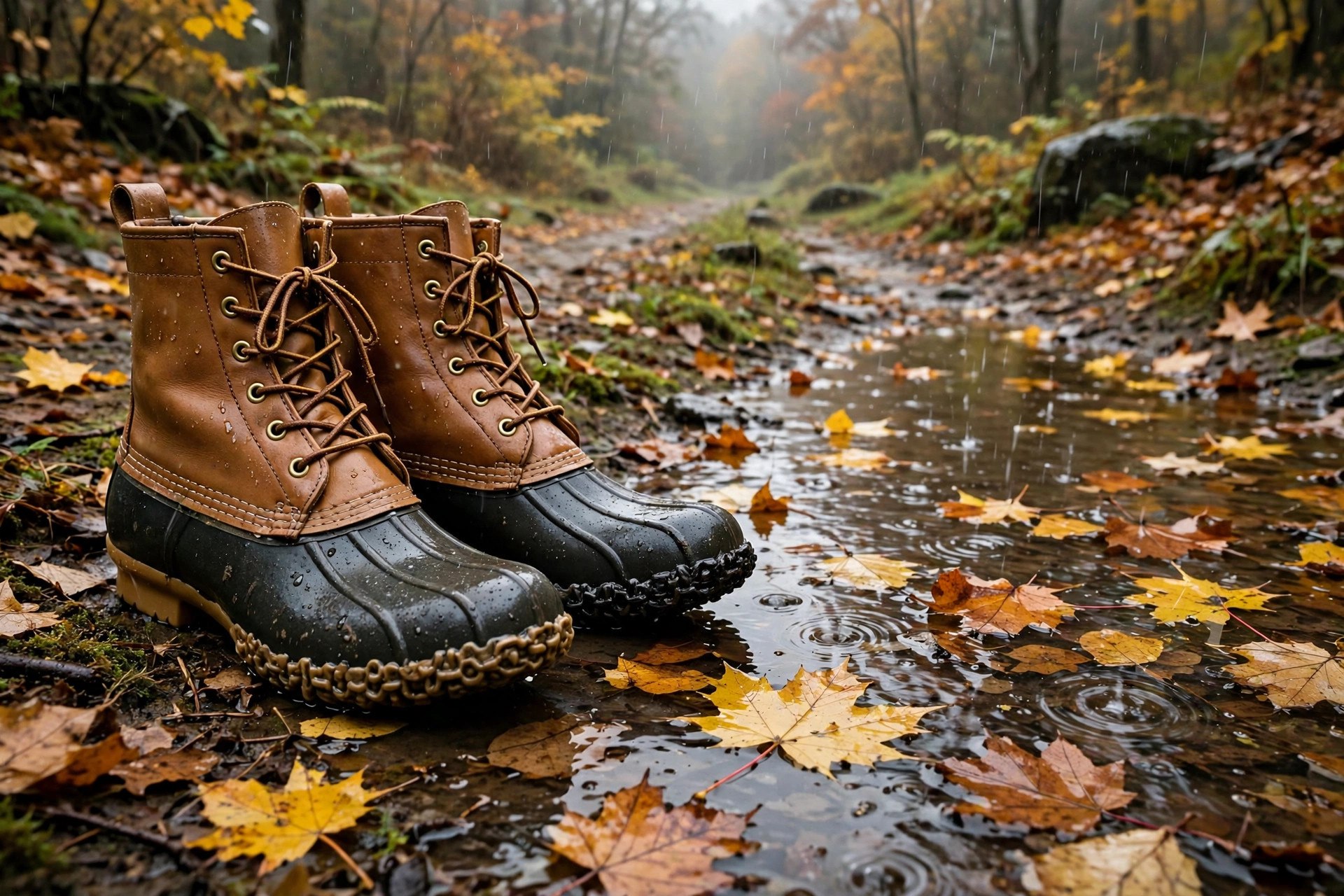 A pair of duck boots with dark rubber lower sections and tan leather uppers laced up, standing in shallow water on a wet woodland path