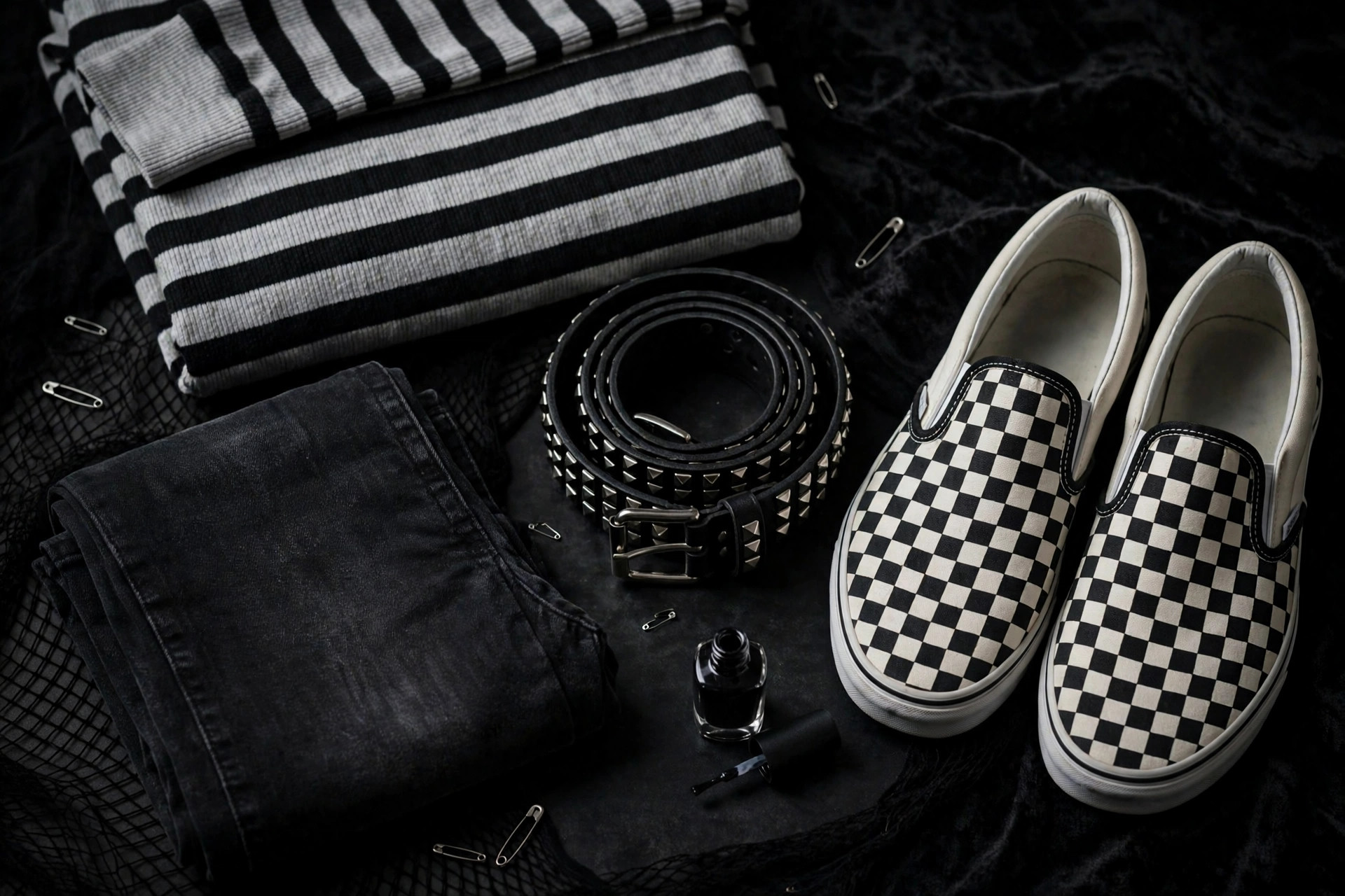 Emo style clothing arranged on a dark surface: folded black skinny jeans, a striped long-sleeve top, a studded belt, checkerboard slip-on shoes and black nail polish
