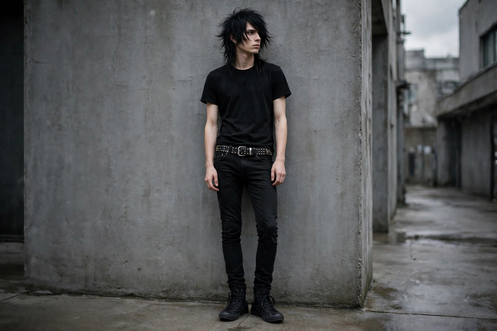 Young man wearing emo fashion: black skinny jeans, a plain black t-shirt, a studded belt and black canvas sneakers with long side-swept dark hair against a grey urban wall