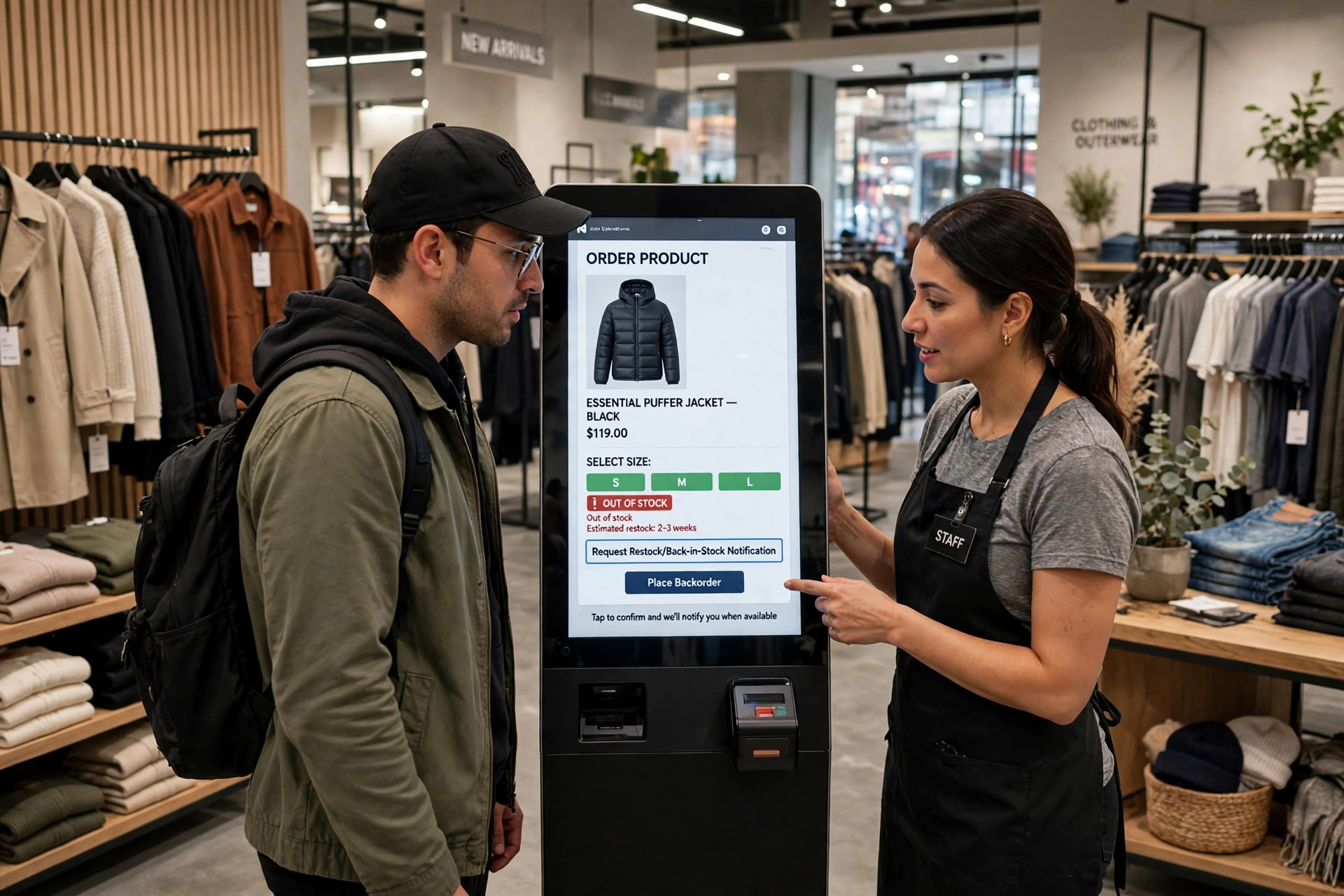 Customer and sales associate at a digital touchscreen kiosk in a clothing store ordering an out-of-stock size