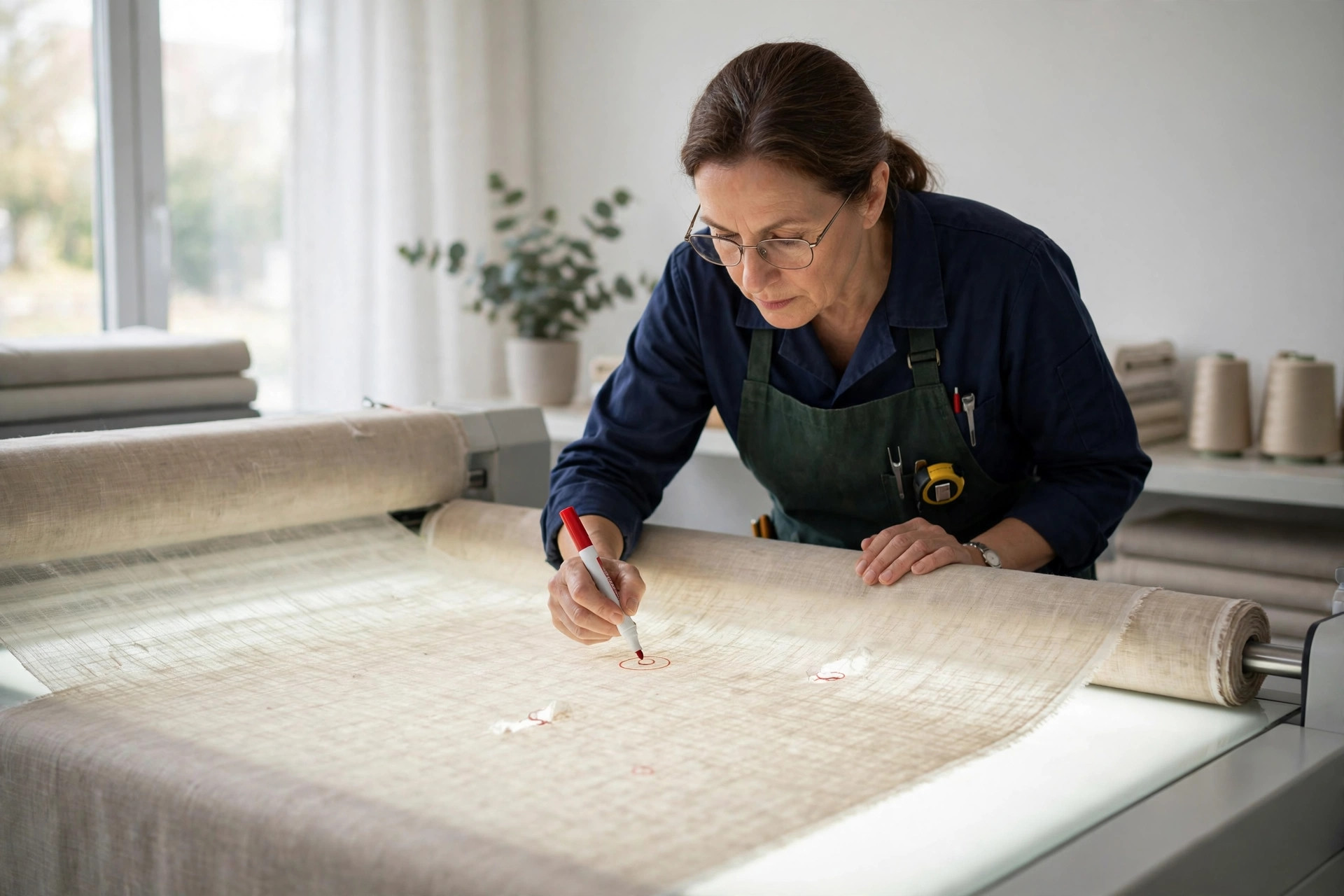Inspector examining a roll of fabric on a backlit inspection machine and marking defects