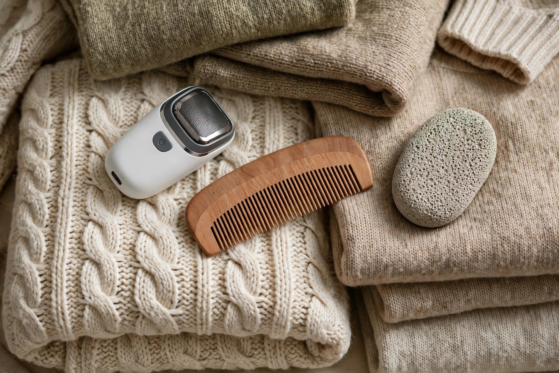 A fabric shaver, wooden sweater comb, and sweater stone arranged on folded knit sweaters