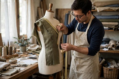 Fashion designer fitting a garment on a dress form
