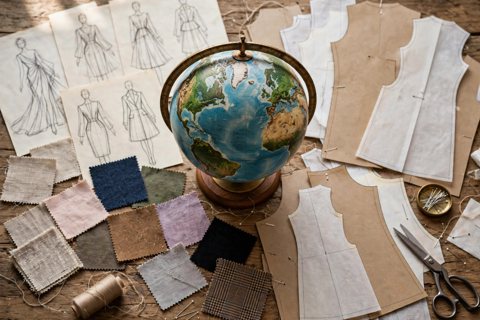 Globe with fashion sketches and fabric swatches