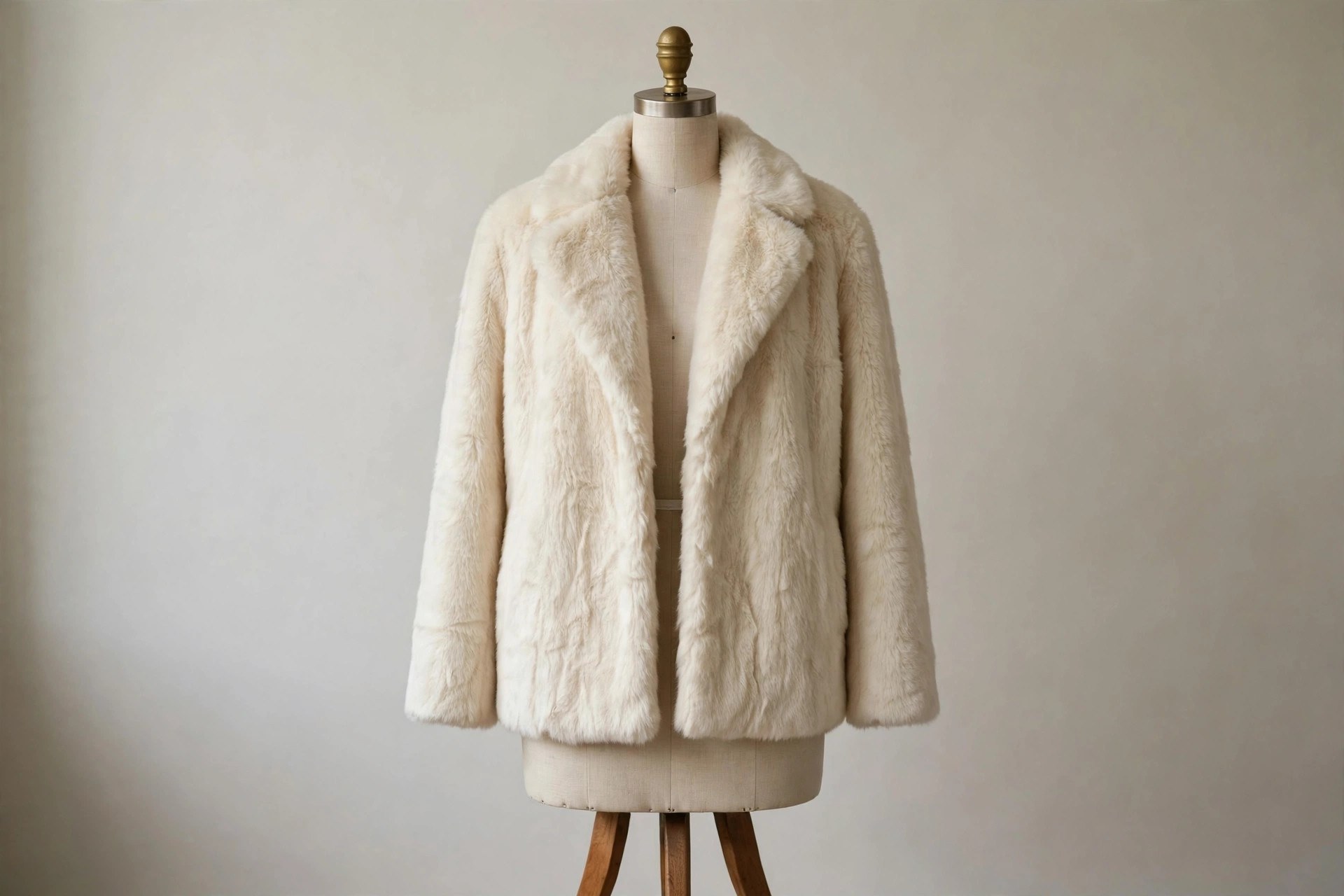 Cream faux fur coat on a dress form against a neutral background