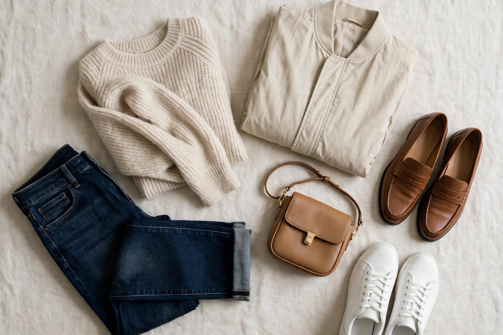 Flat lay of first date outfit pieces: dark indigo jeans, a soft knit top, clean white sneakers, loafers, a small crossbody bag and a light jacket