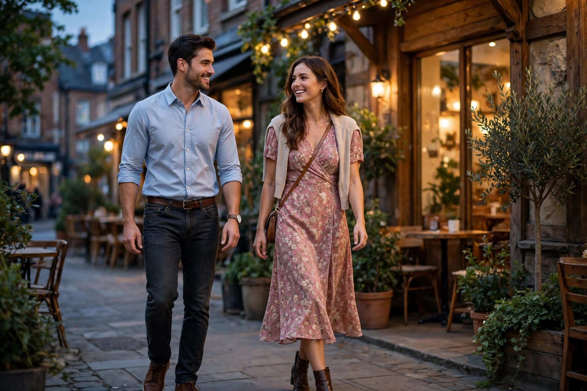 A stylish man and woman in smart casual first date outfits walking toward a cozy cafe in the early evening