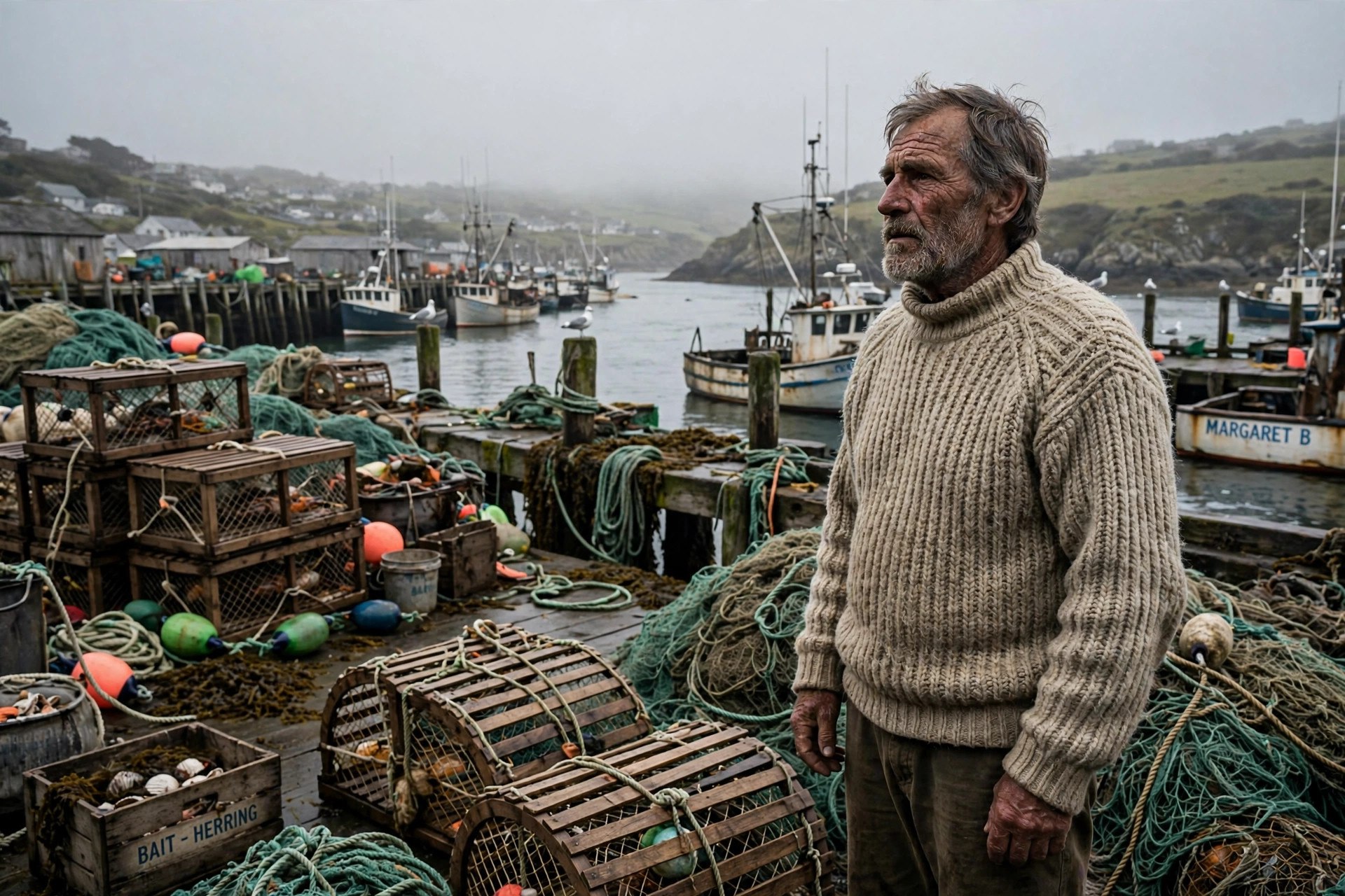A heavy cream fisherman sweater in natural undyed wool with a ribbed texture hanging beside coiled rope and fishing gear
