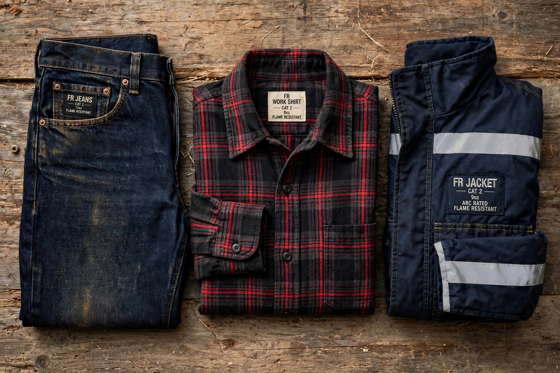 Flat lay of flame-resistant jeans, plaid FR work shirt and FR jacket folded on a wooden surface