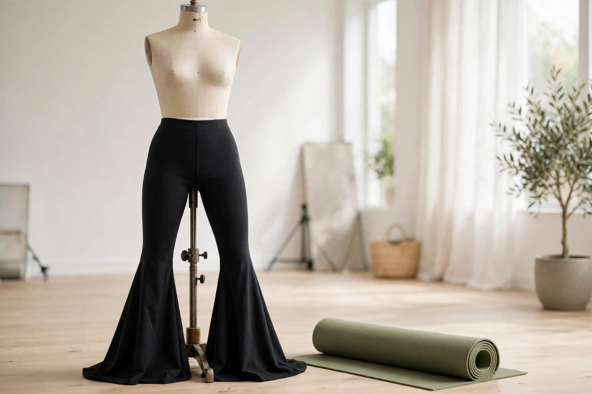 Black flare leggings with a flared bell leg opening on a dress form mannequin in a bright studio, beside a yoga mat