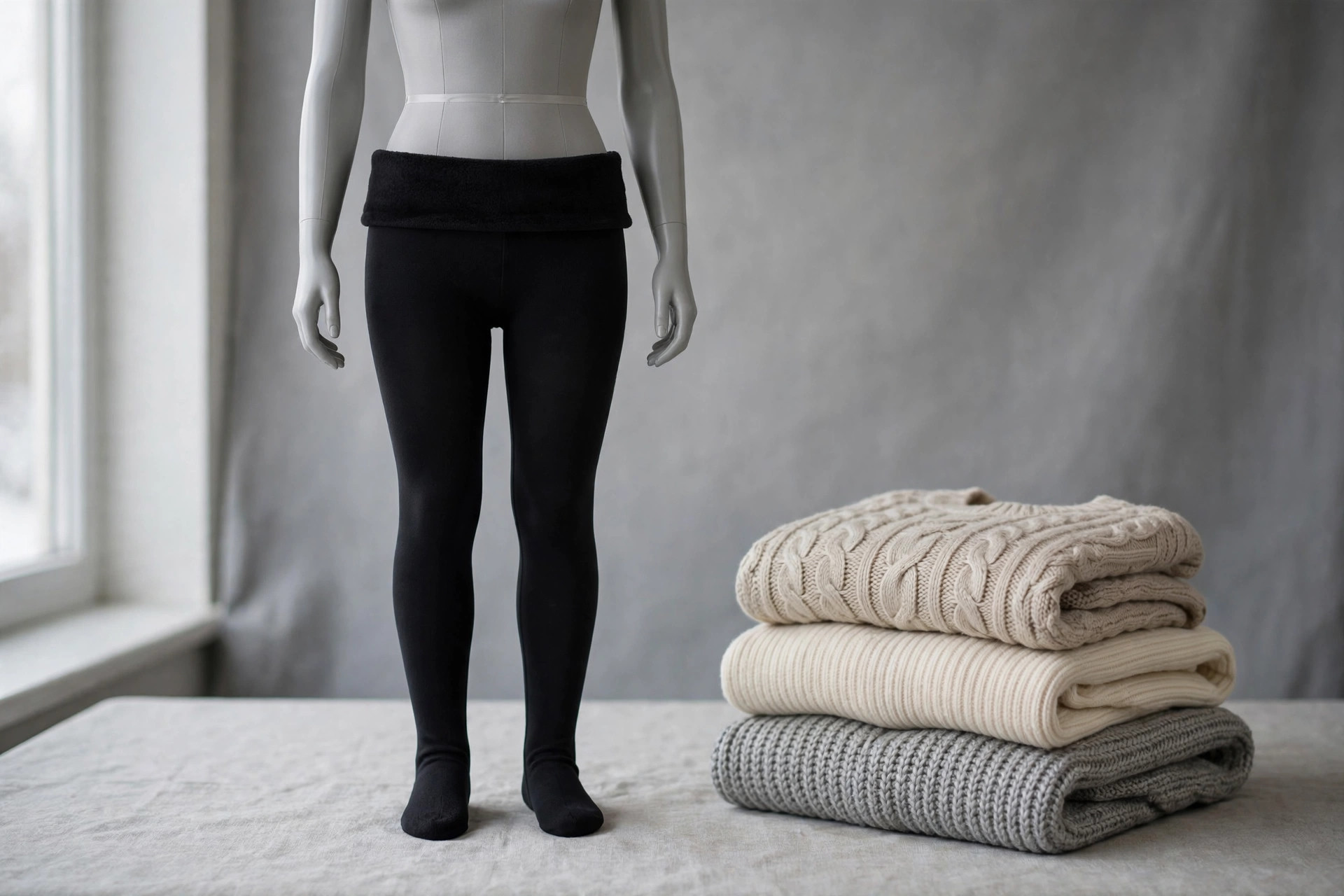 Black fleece-lined opaque winter tights on a dress form with folded knitwear
