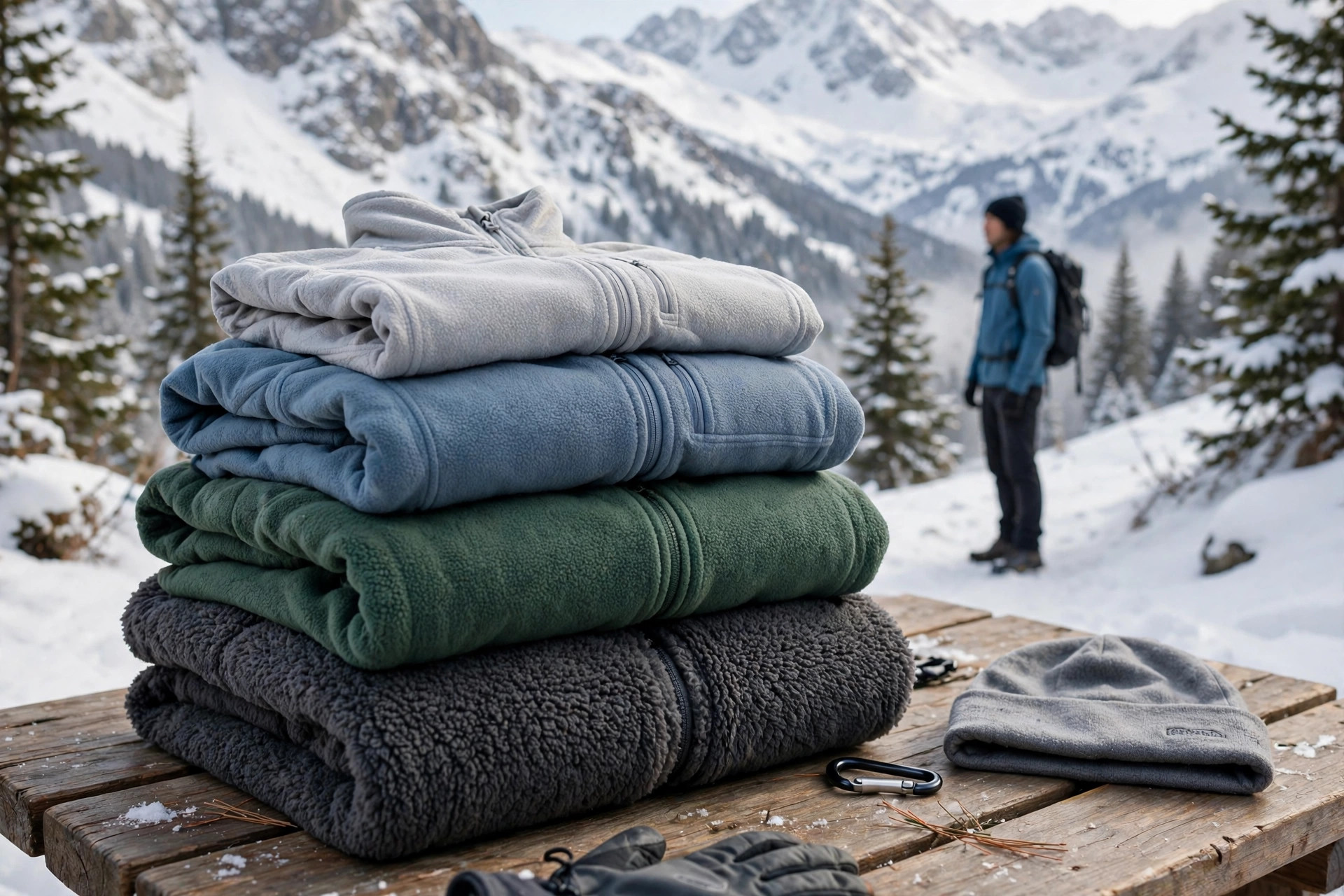 Stack of fleece jackets of different thicknesses from thin micro fleece to heavy fleece, with a hiker in fleece in snowy mountains behind