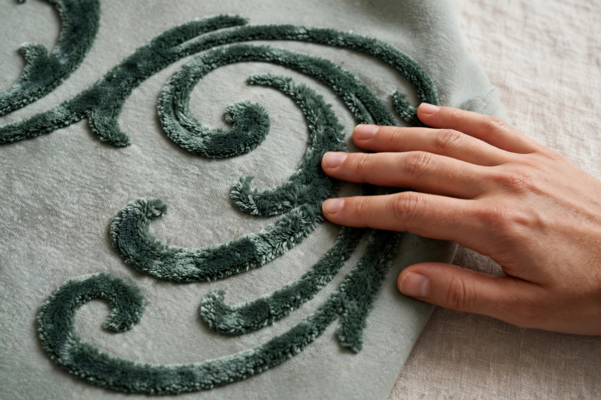 Flocked velvet-texture lettering on a sweatshirt with a hand brushing across the raised fibers